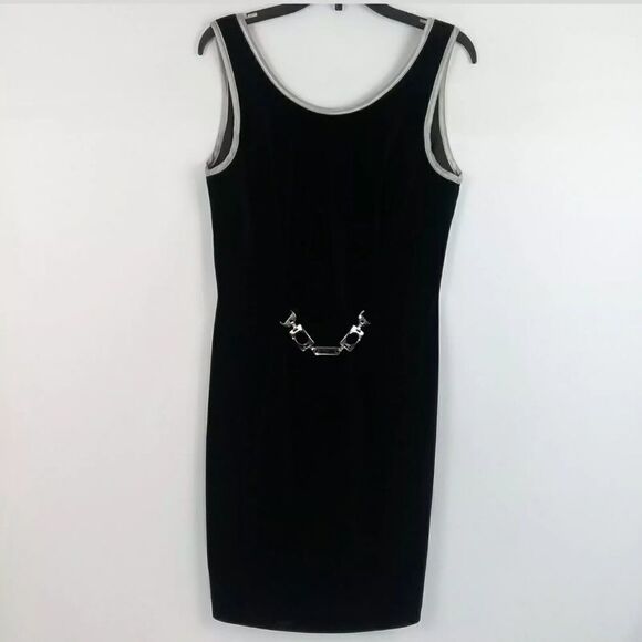 JOSEPH RIBKOFF VELVET BLACK DRESS WITH SILVER TRIM - Picture 1 of 5